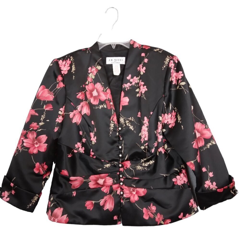 Vintage Jr Nites | Dark Floral Satin Jacket Top Black Red | Size 16